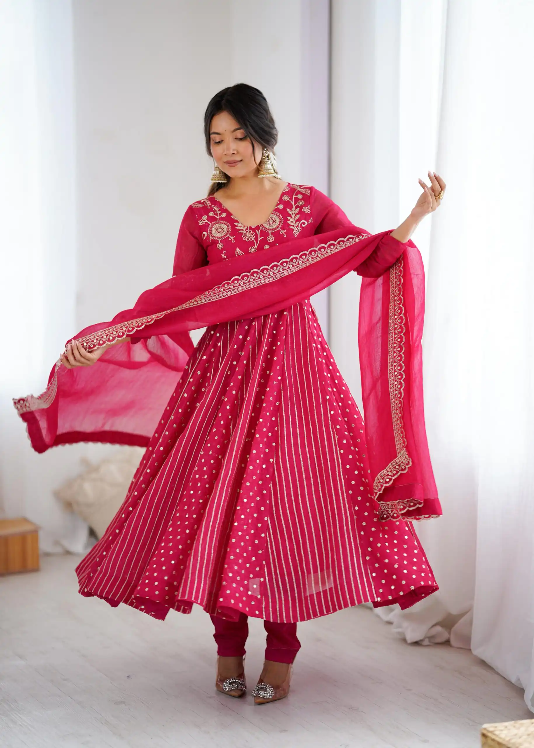 Pretty Pink Crunchy Silk Sequence Anarkali Gown - Image 7