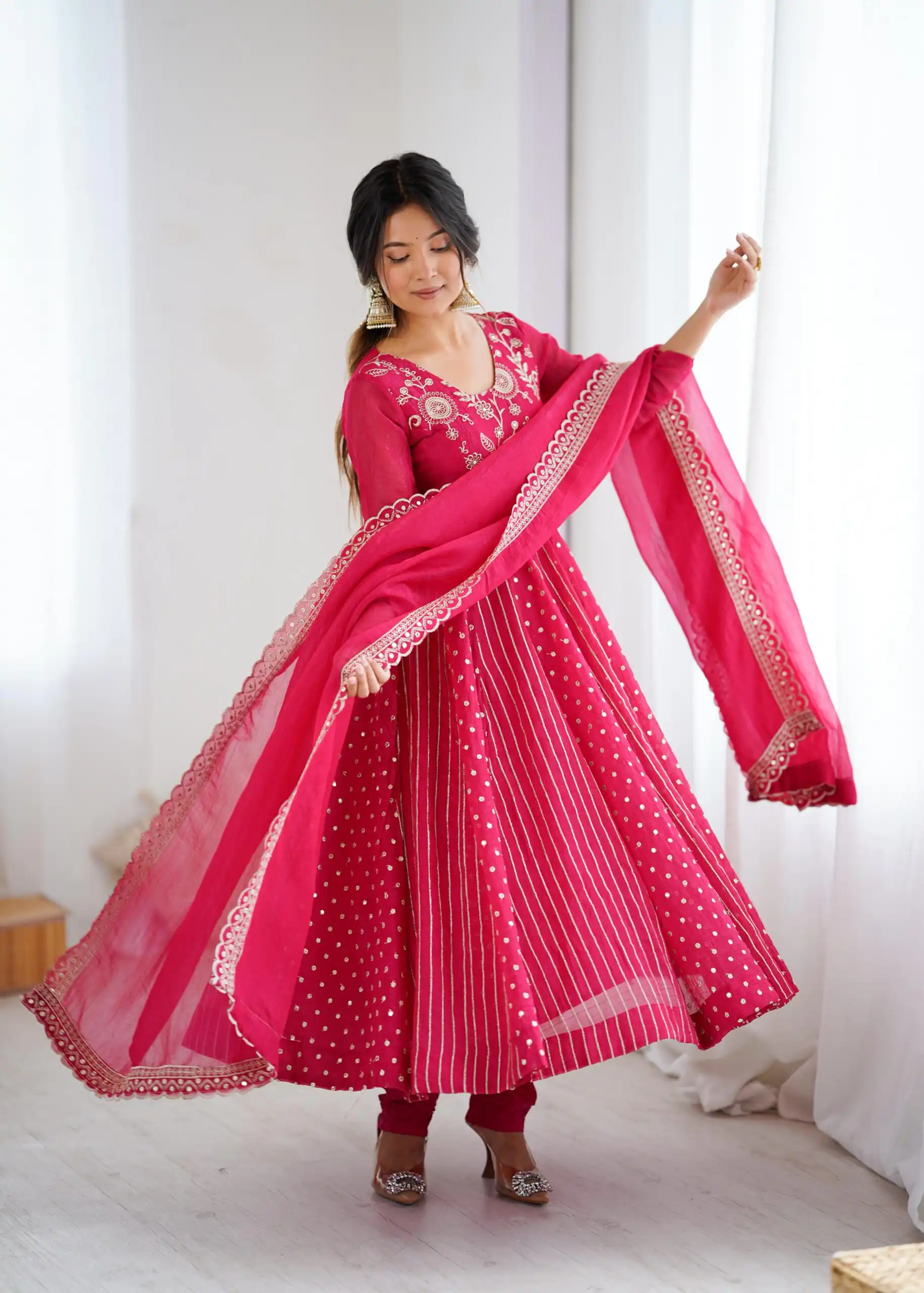 Pretty Pink Crunchy Silk Sequence Anarkali Gown - Image 4