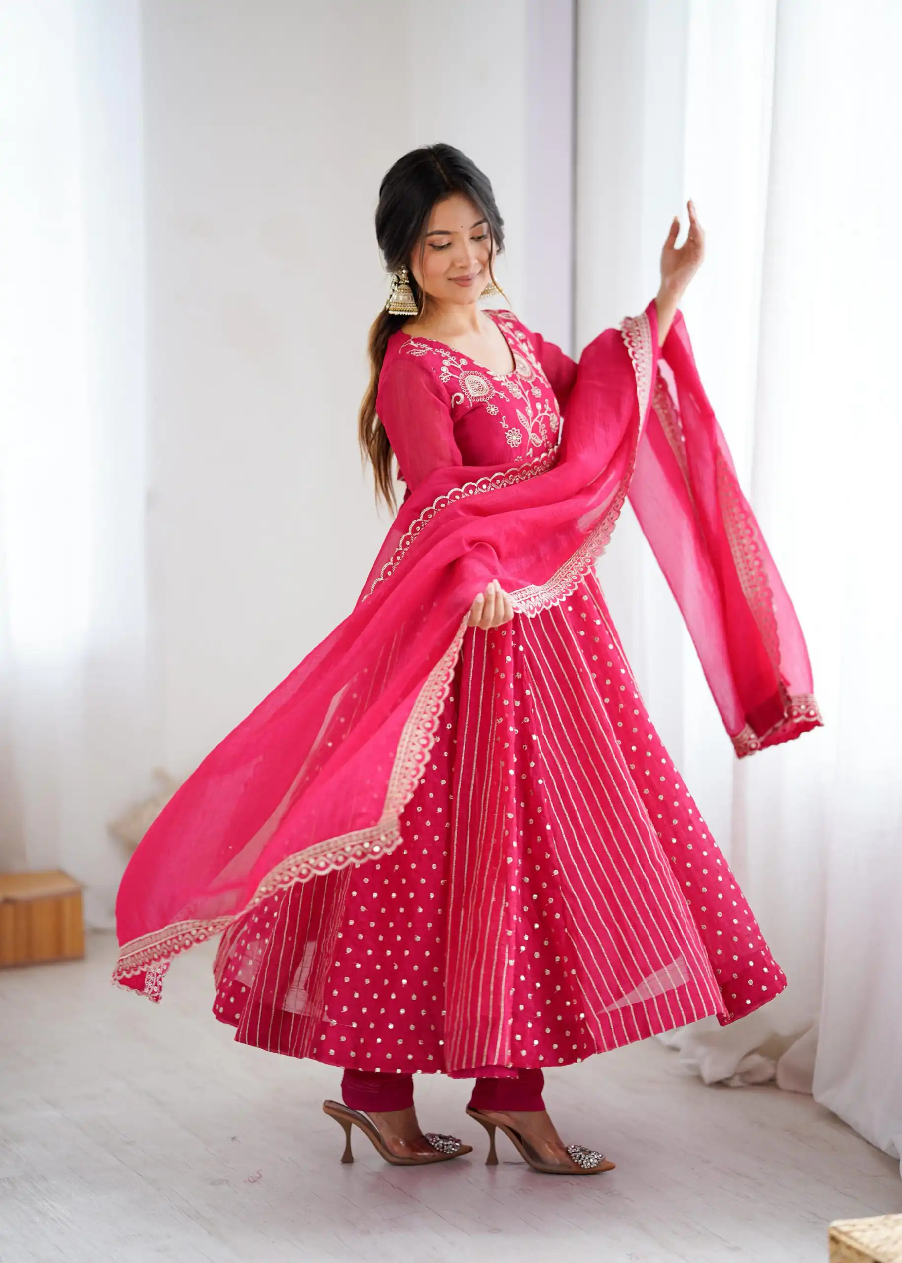 Pretty Pink Crunchy Silk Sequence Anarkali Gown - Image 13