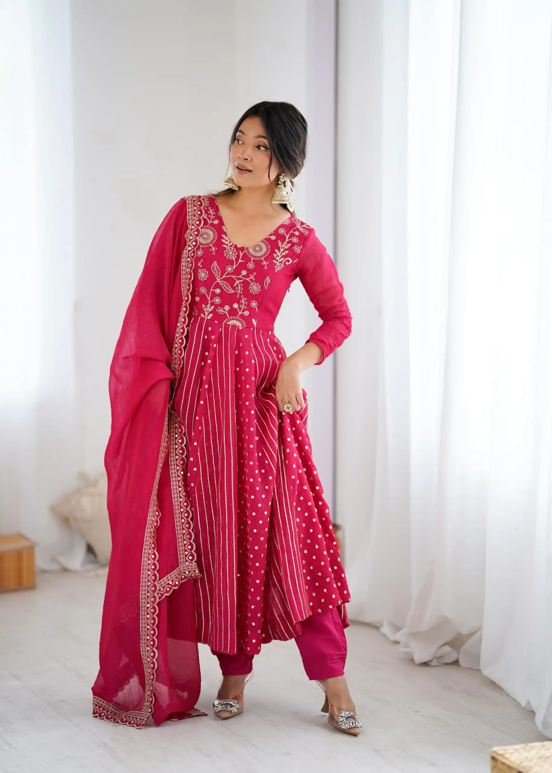 Pretty Pink Crunchy Silk Sequence Anarkali Gown - Image 16