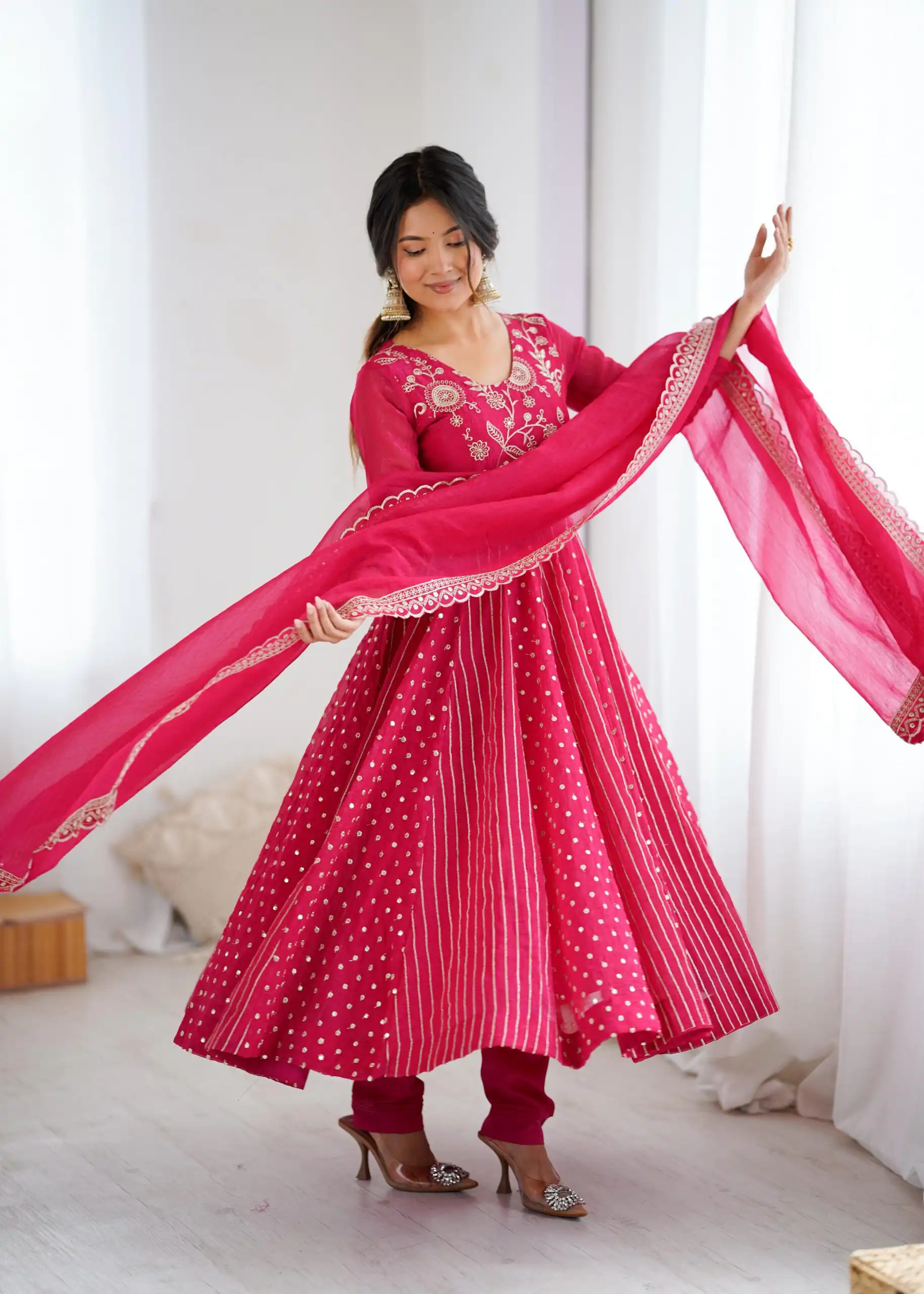 Pretty Pink Crunchy Silk Sequence Anarkali Gown - Image 15