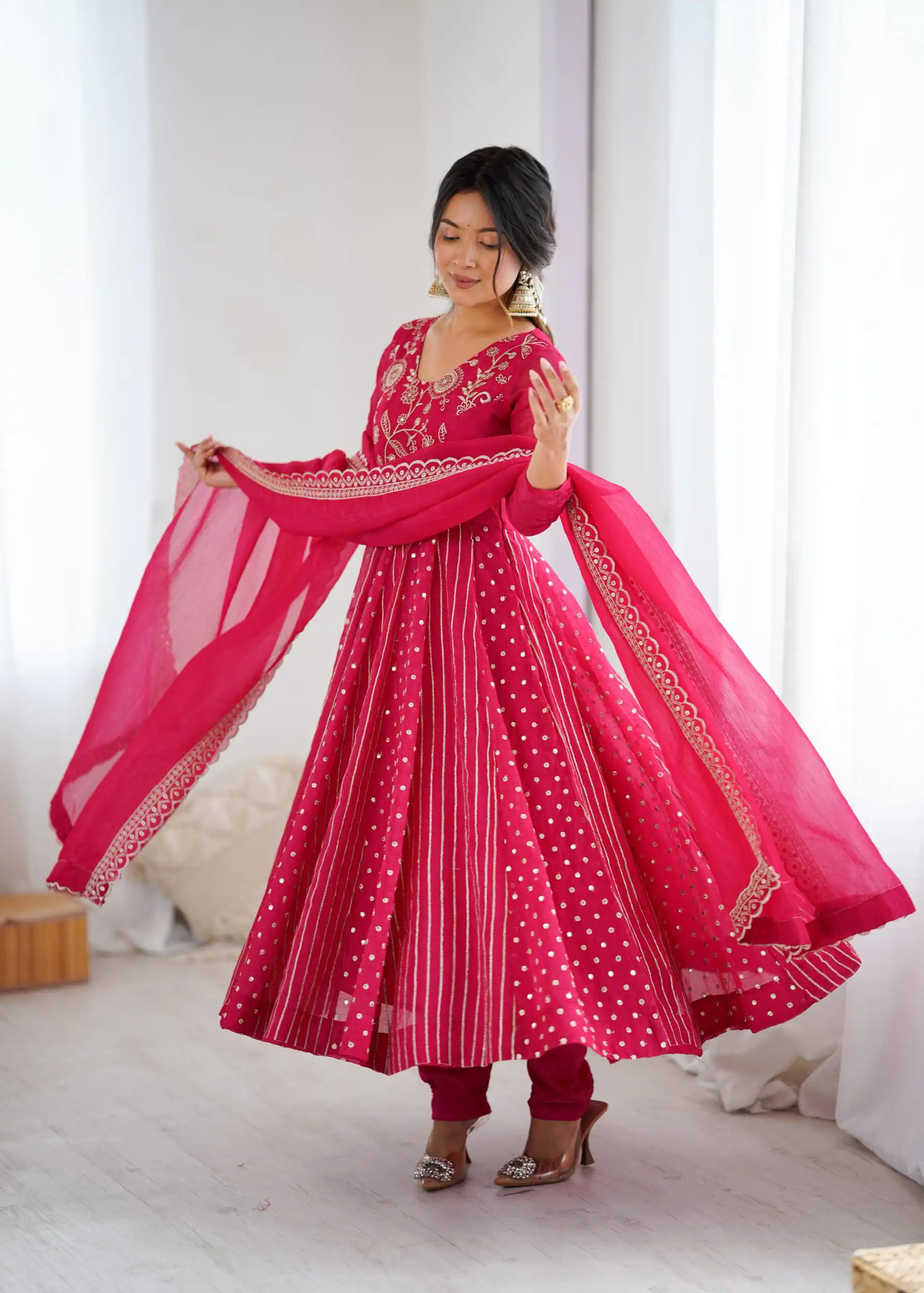 Pretty Pink Crunchy Silk Sequence Anarkali Gown - Image 8