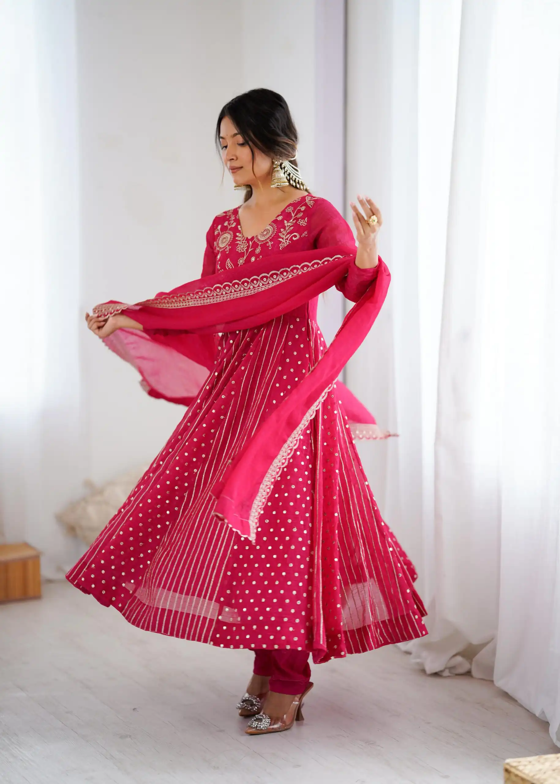Pretty Pink Crunchy Silk Sequence Anarkali Gown - Image 9
