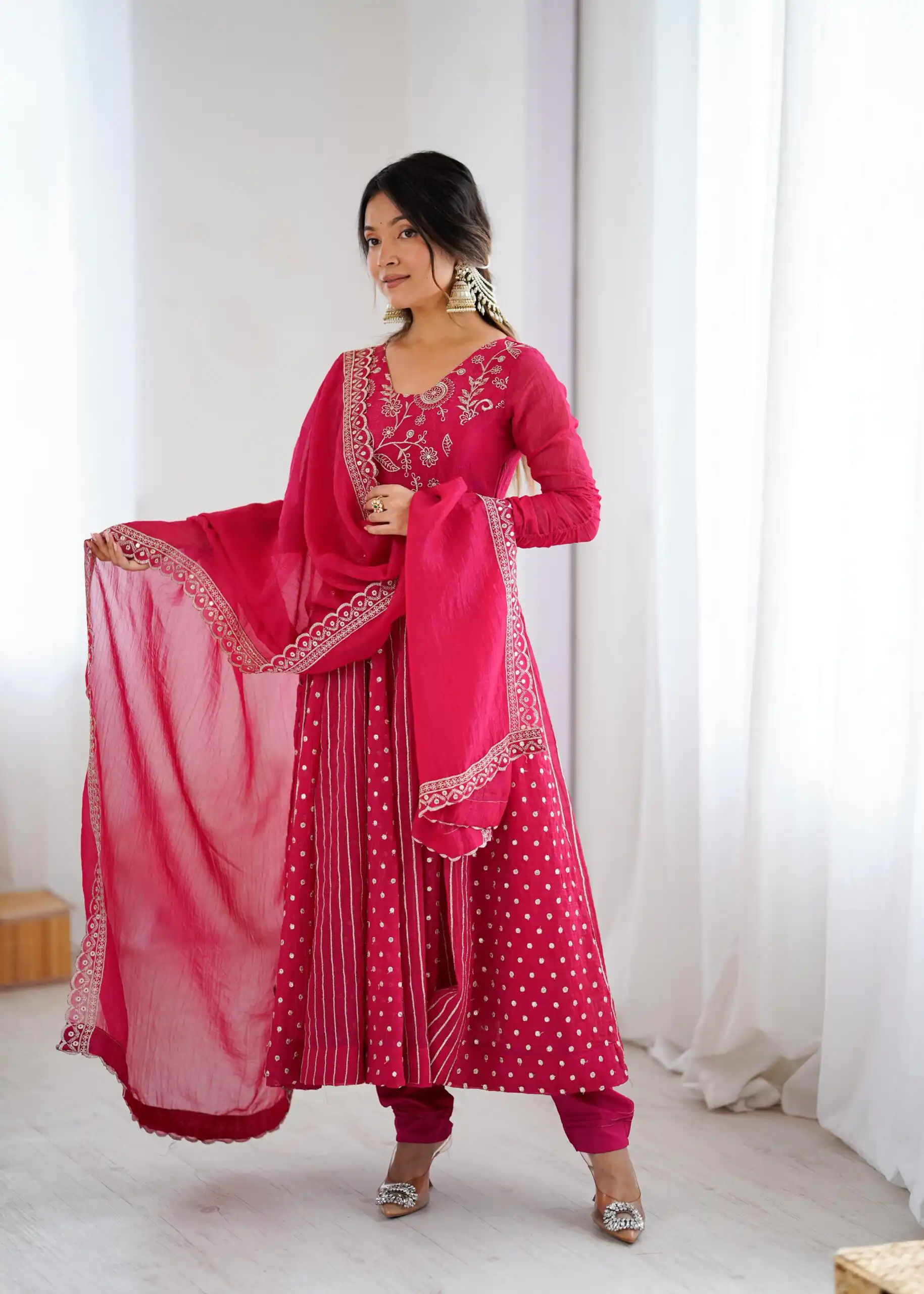 Pretty Pink Crunchy Silk Sequence Anarkali Gown - Image 17