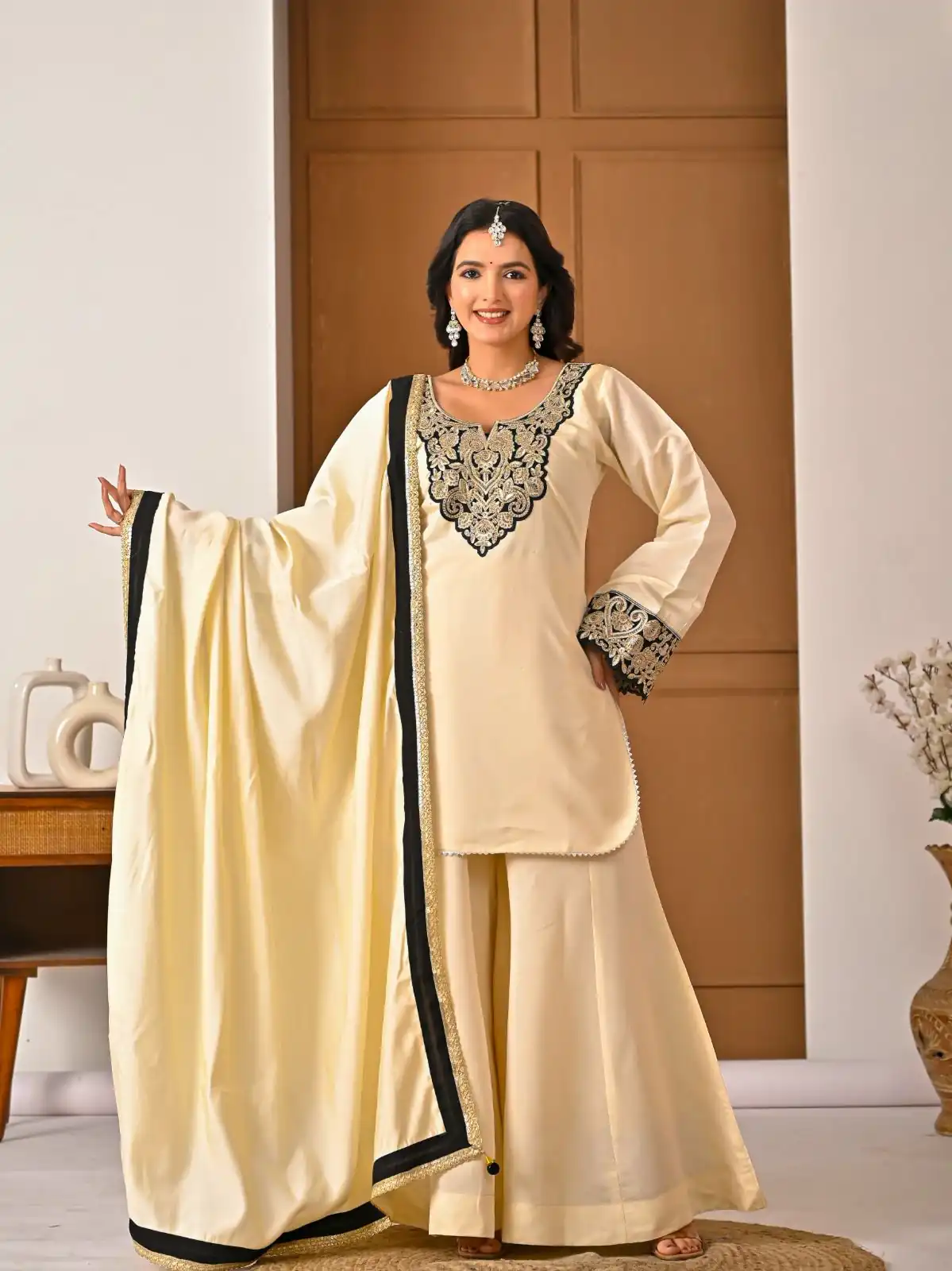 Shiny Cream Roman Silk Diamond Work Salwar Suit - Image 9