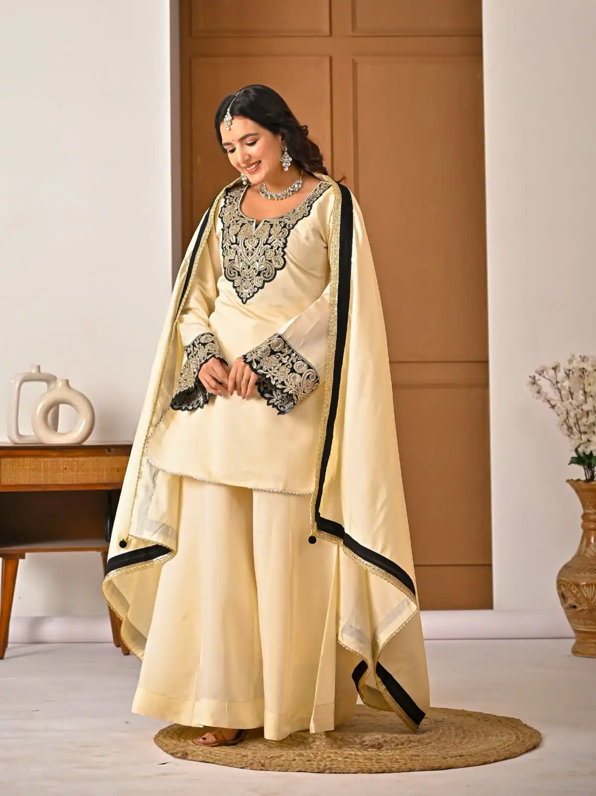 Shiny Cream Roman Silk Diamond Work Salwar Suit - Image 8