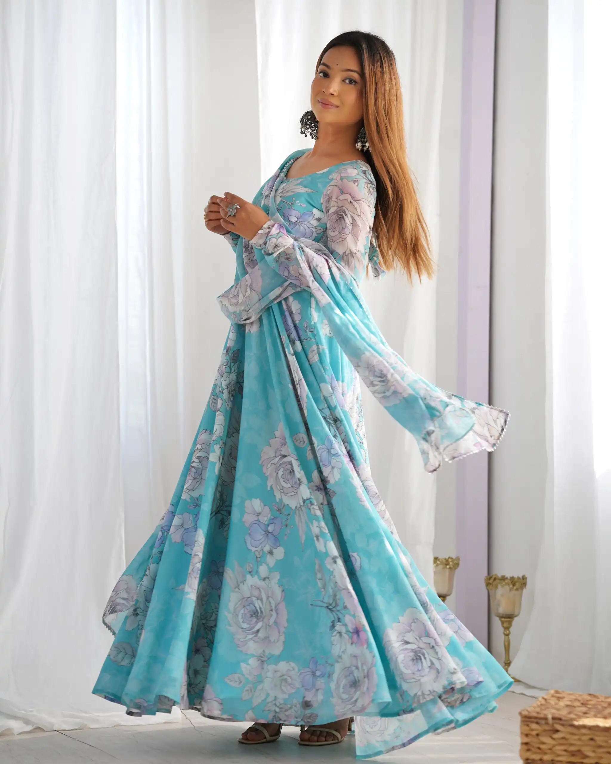 Stunning Sky Blue Fox Georgette Floral Printed Gown - Image 2