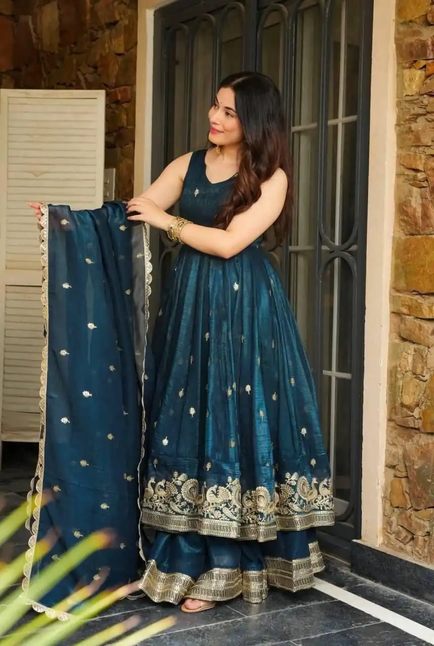 Stunning Teal Gold Crazy Embroidery Work Salwar Suit