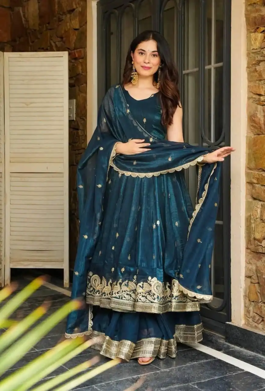 Stunning Teal Gold Crazy Embroidery Work Salwar Suit - Image 4