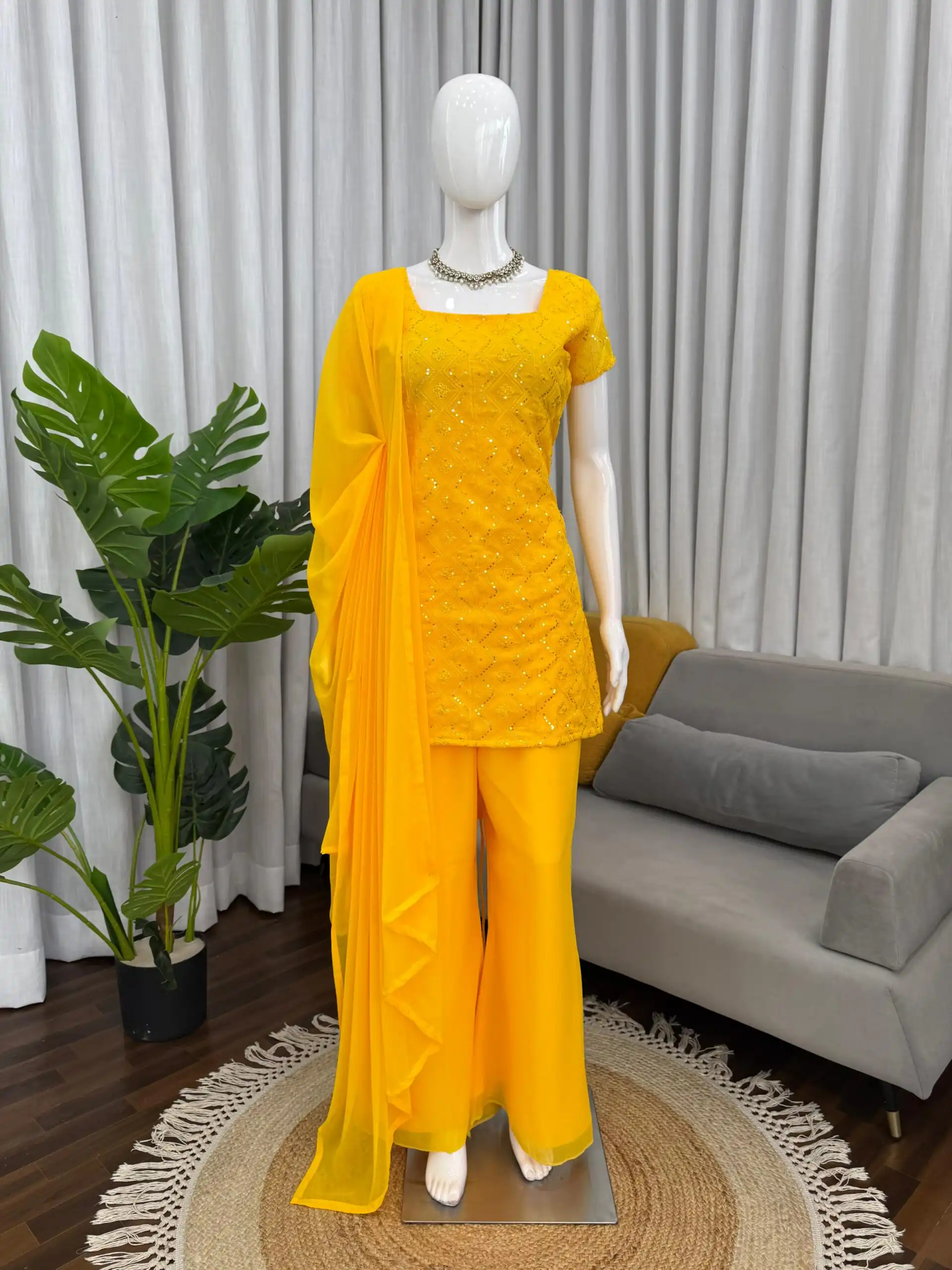 Super Yellow Faux Georgette Thread Work Salwar Suit