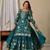 Superb Teal Chinon Silk Embroider Work Salwar Suit