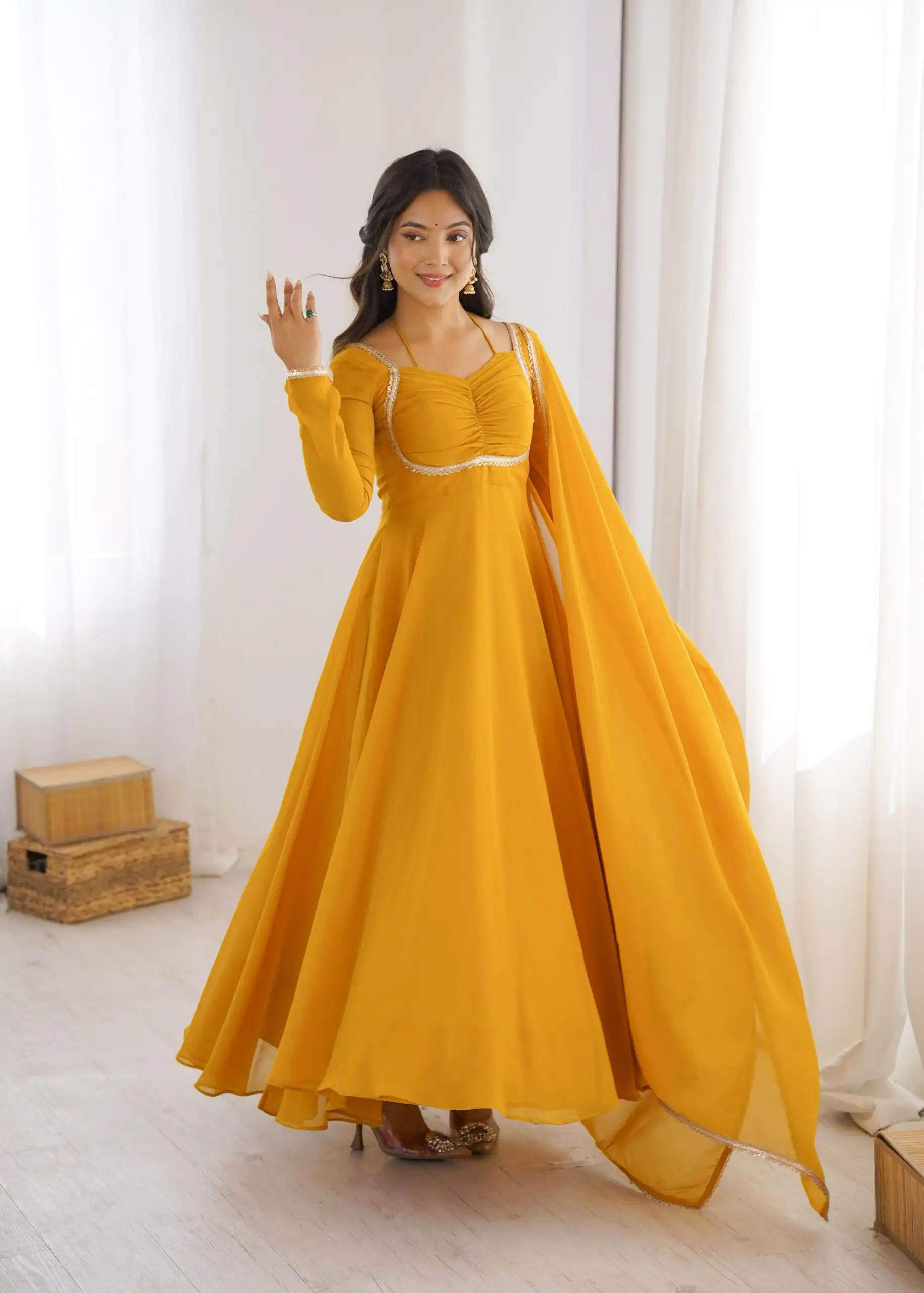 Superb Yellow Fox Blooming Georgette Lace Work Gown - Image 2