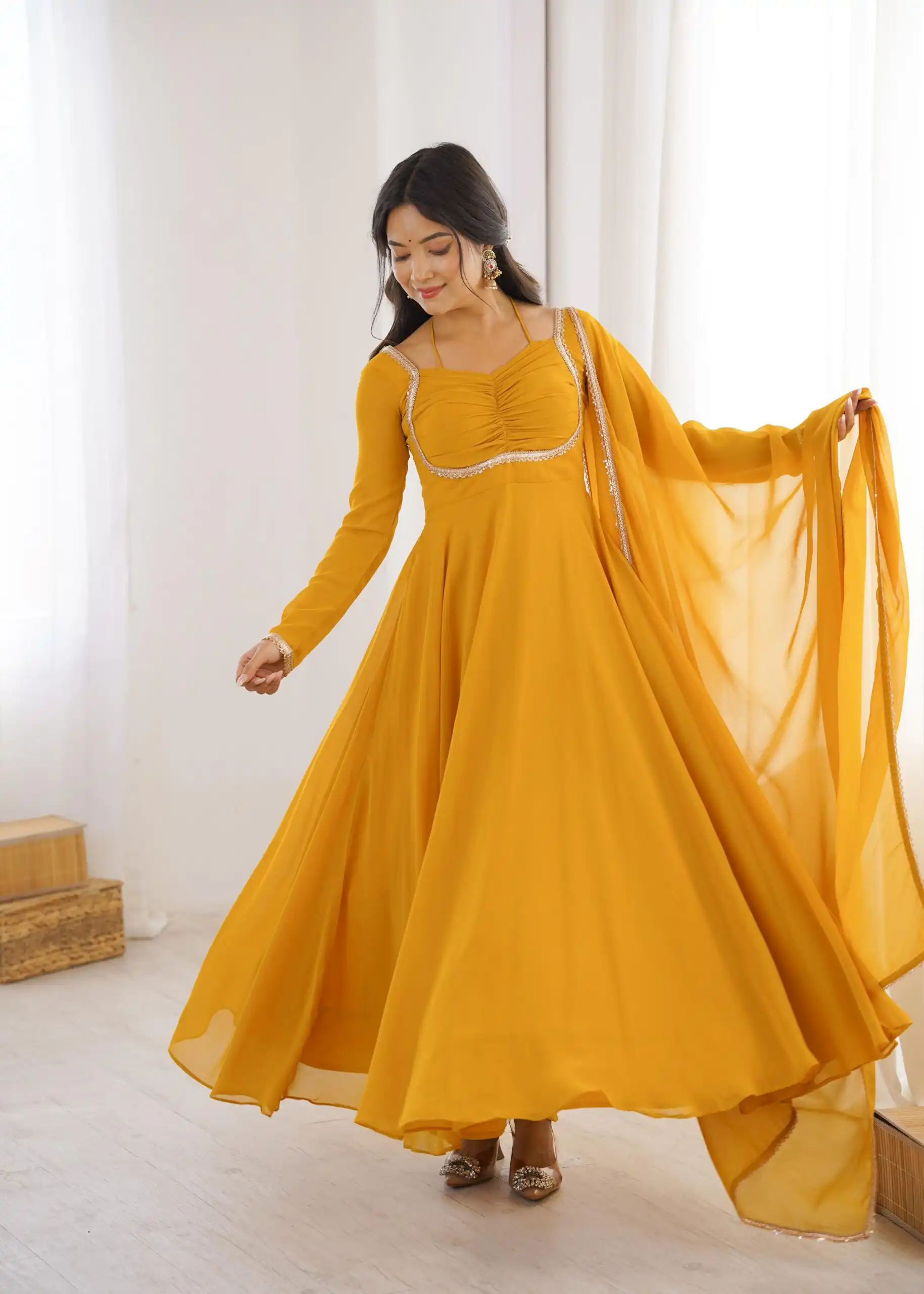 Superb Yellow Fox Blooming Georgette Lace Work Gown