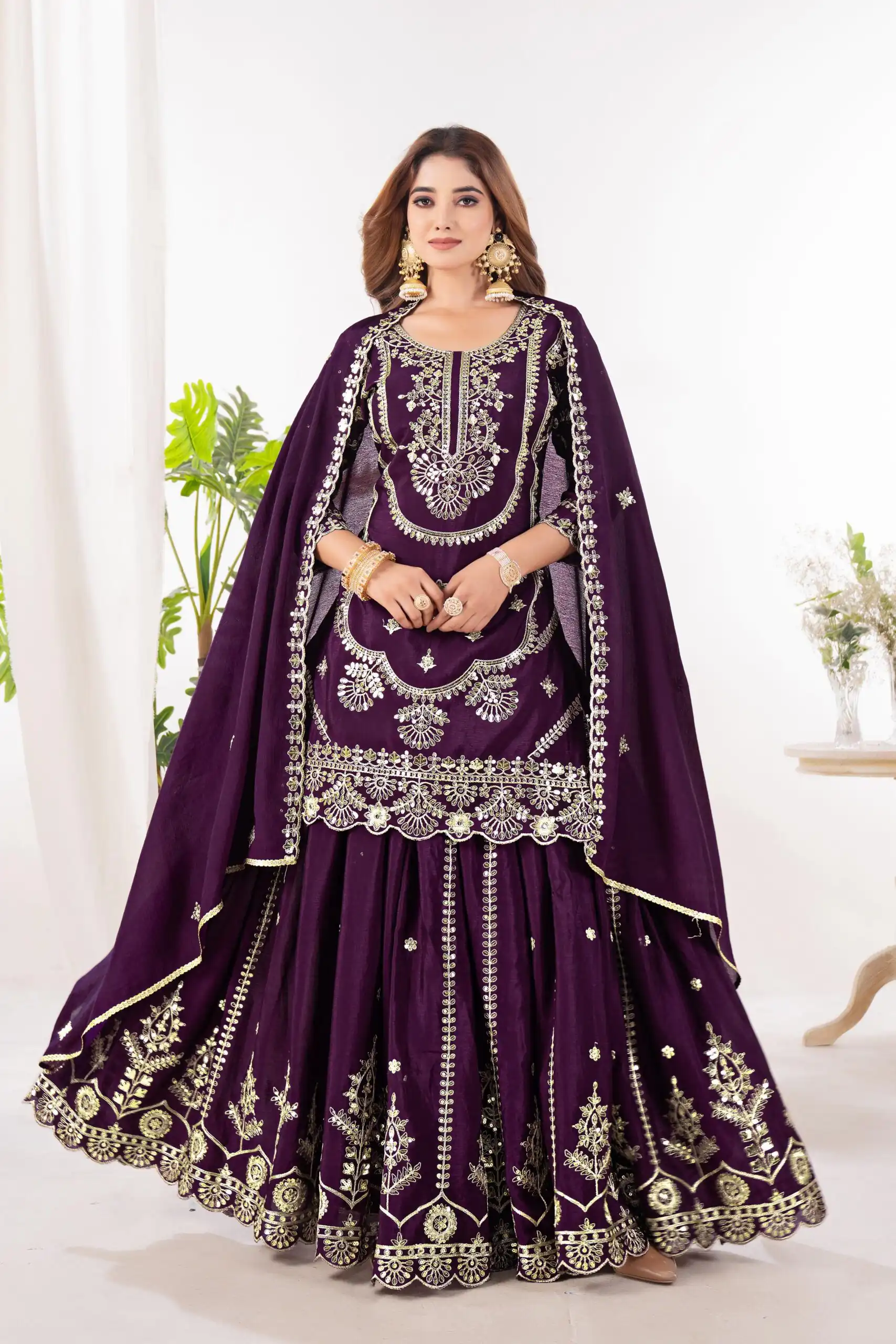 Wine Chinon Silk Embroider Lace Work Salwar Suit - Image 4