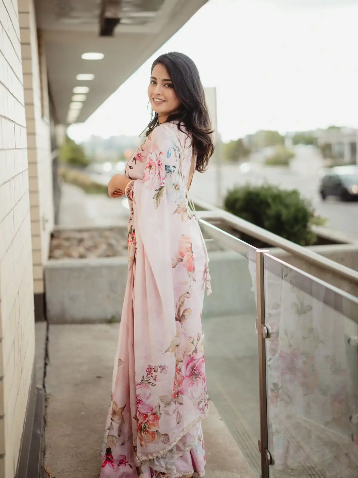 Light Pink Soft Tebby Floral Print Handwork Work Saree