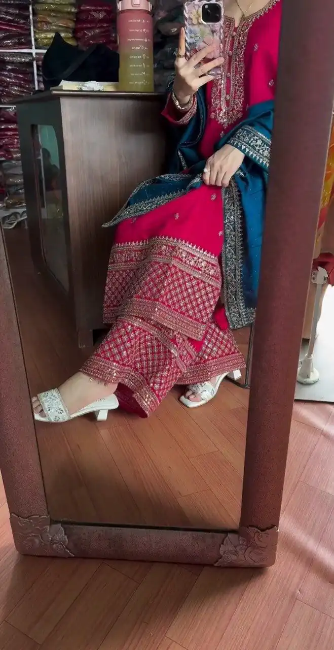 Red Chinon Lace Embroidery Work Salwar Suit - Image 6