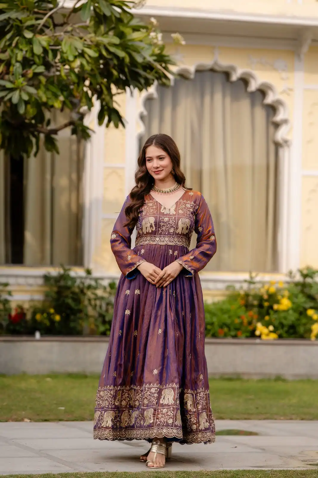 Purple Fendy Satin Embroidery Work Gown