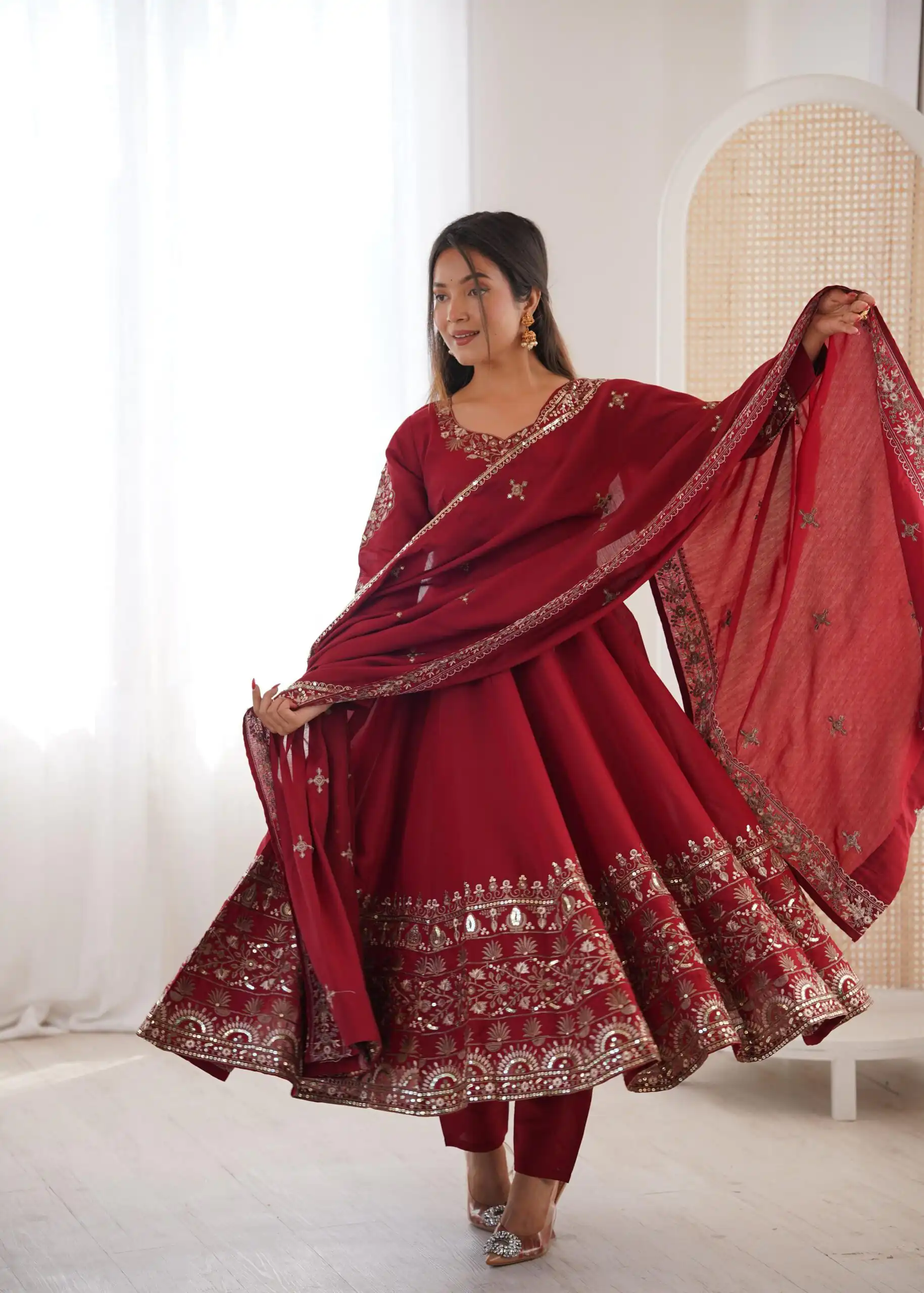 Maroon Roman Silk Embroidery Work Gown - Image 2