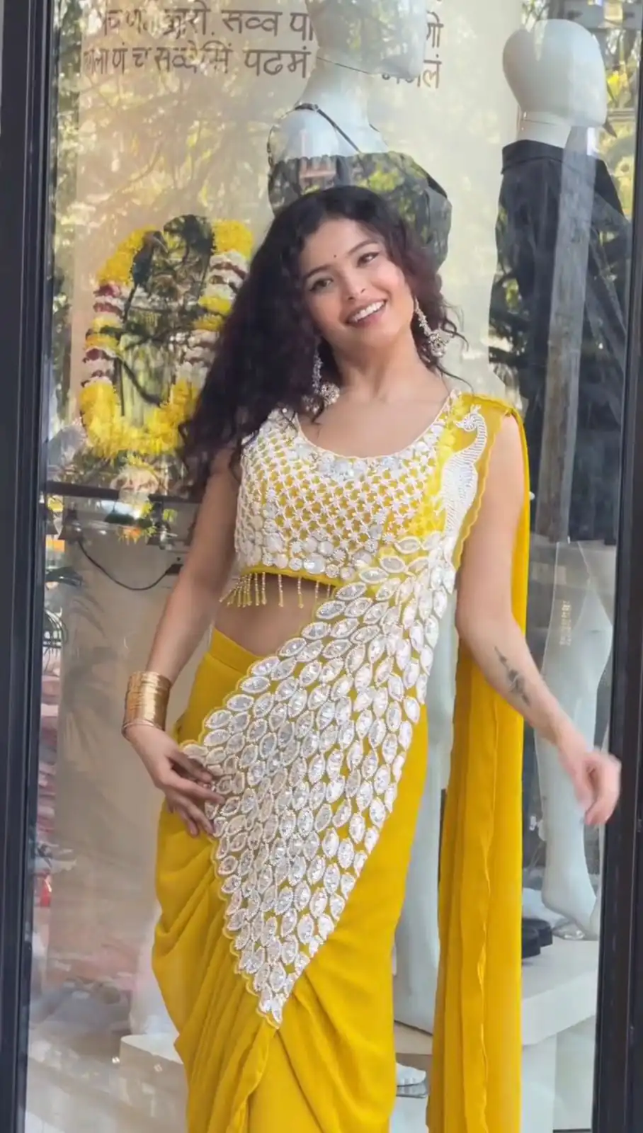 Yellow Faux Georgette Embroidery Sequins Work Saree - Image 4