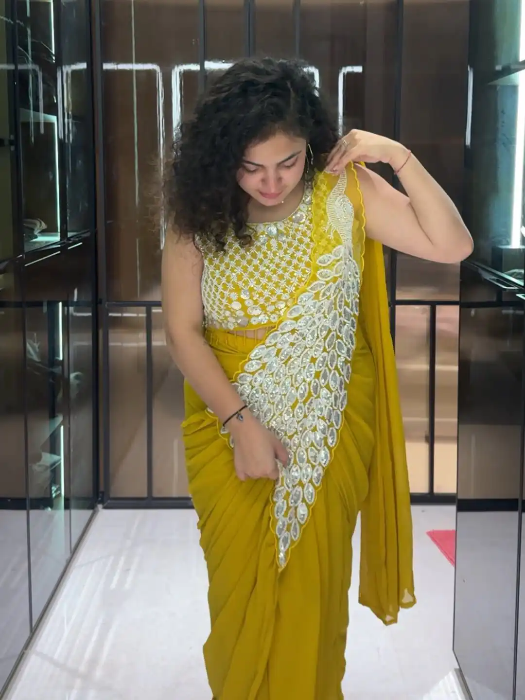 Yellow Faux Georgette Embroidery Sequins Work Saree - Image 5