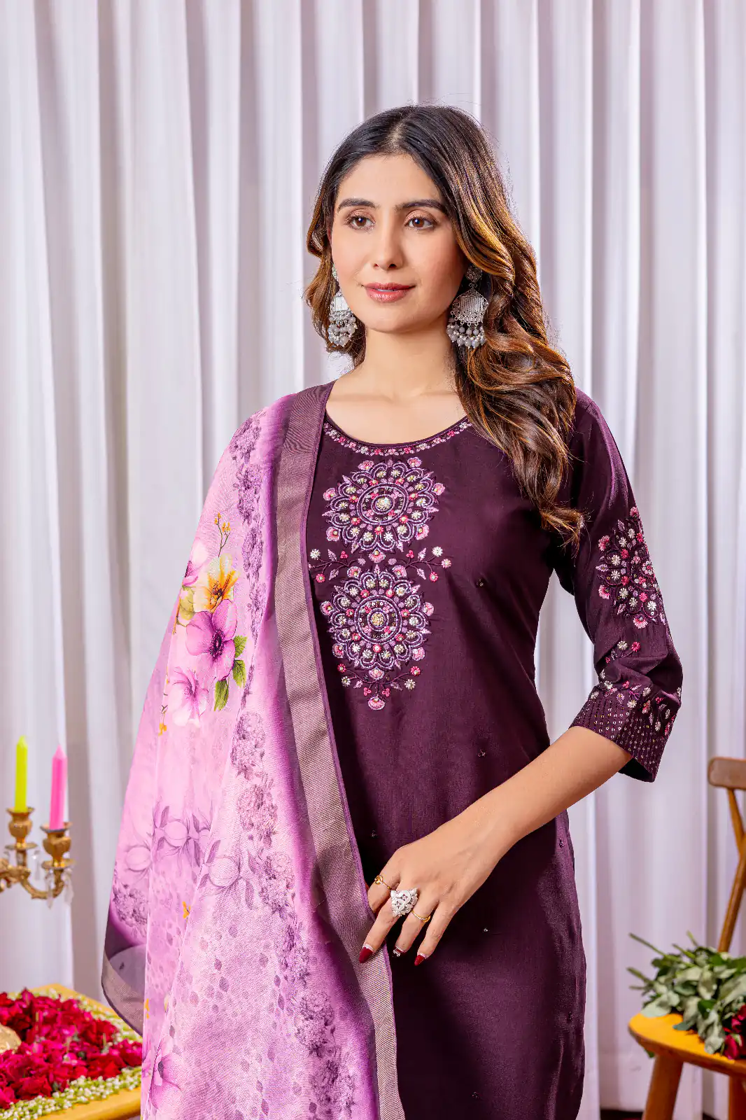 Wine Viscose Silk Thread Embroider Work Salwar Suit - Image 2