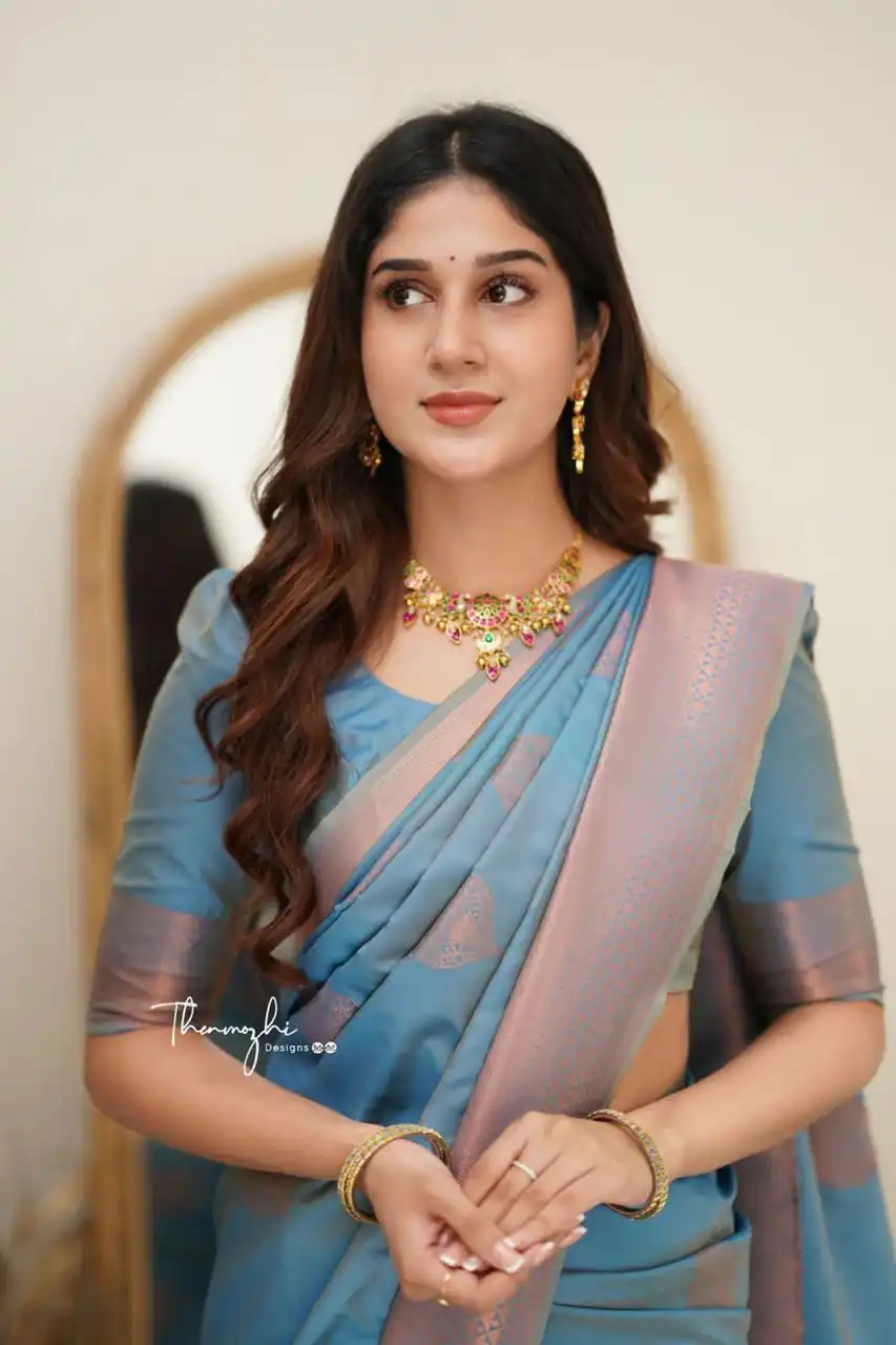 Classic Blue Lichi Silk Jacquard Work Saree - Image 2