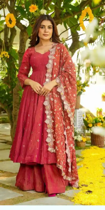 Red Simmar Silk Embroidery Work Anarkali Suit