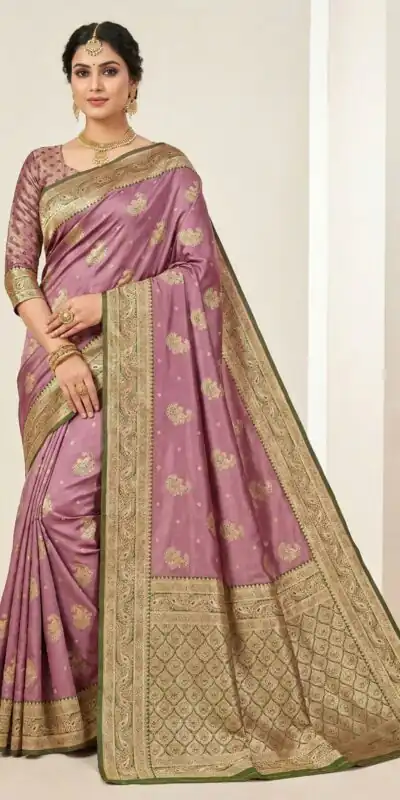 Onion Smooth Satin Gold Butta Zari Work Saree