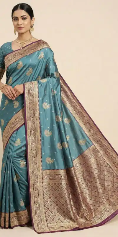 Blue Smooth Satin Gold Butta Zari Work Saree