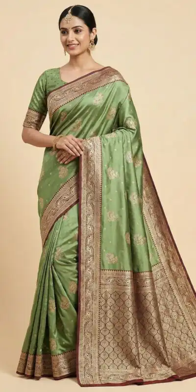 Green Smooth Satin Gold Butta Zari Work Saree