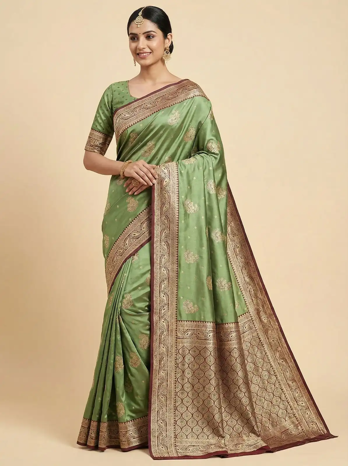 Green Smooth Satin Gold Butta Zari Work Saree