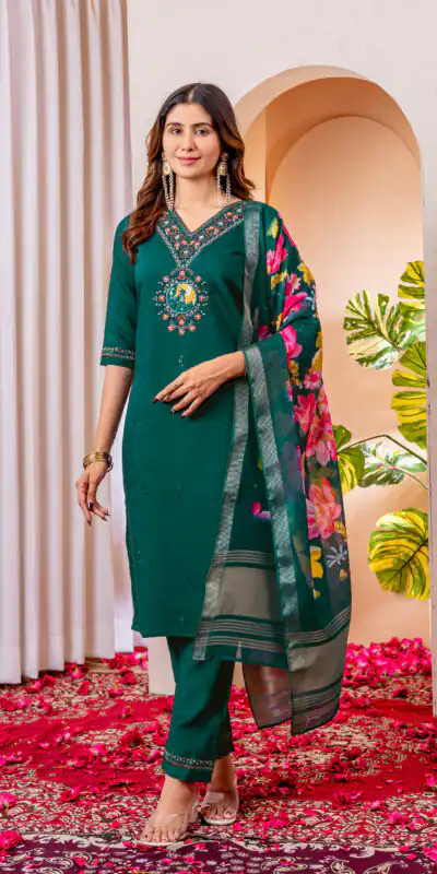 Teal Green Marina Silk Embroider Work Salwar Suit