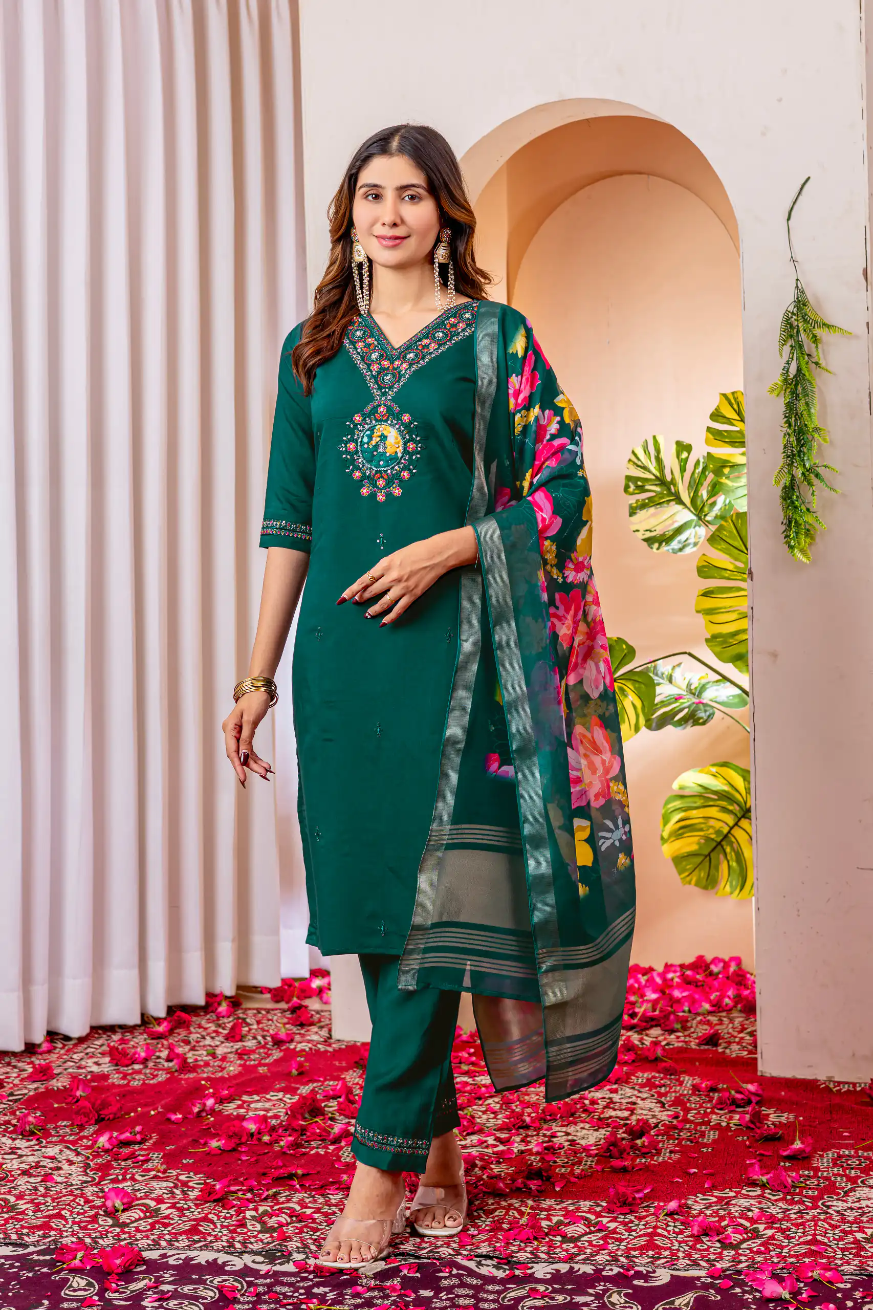 Teal Green Marina Silk Embroider Work Salwar Suit