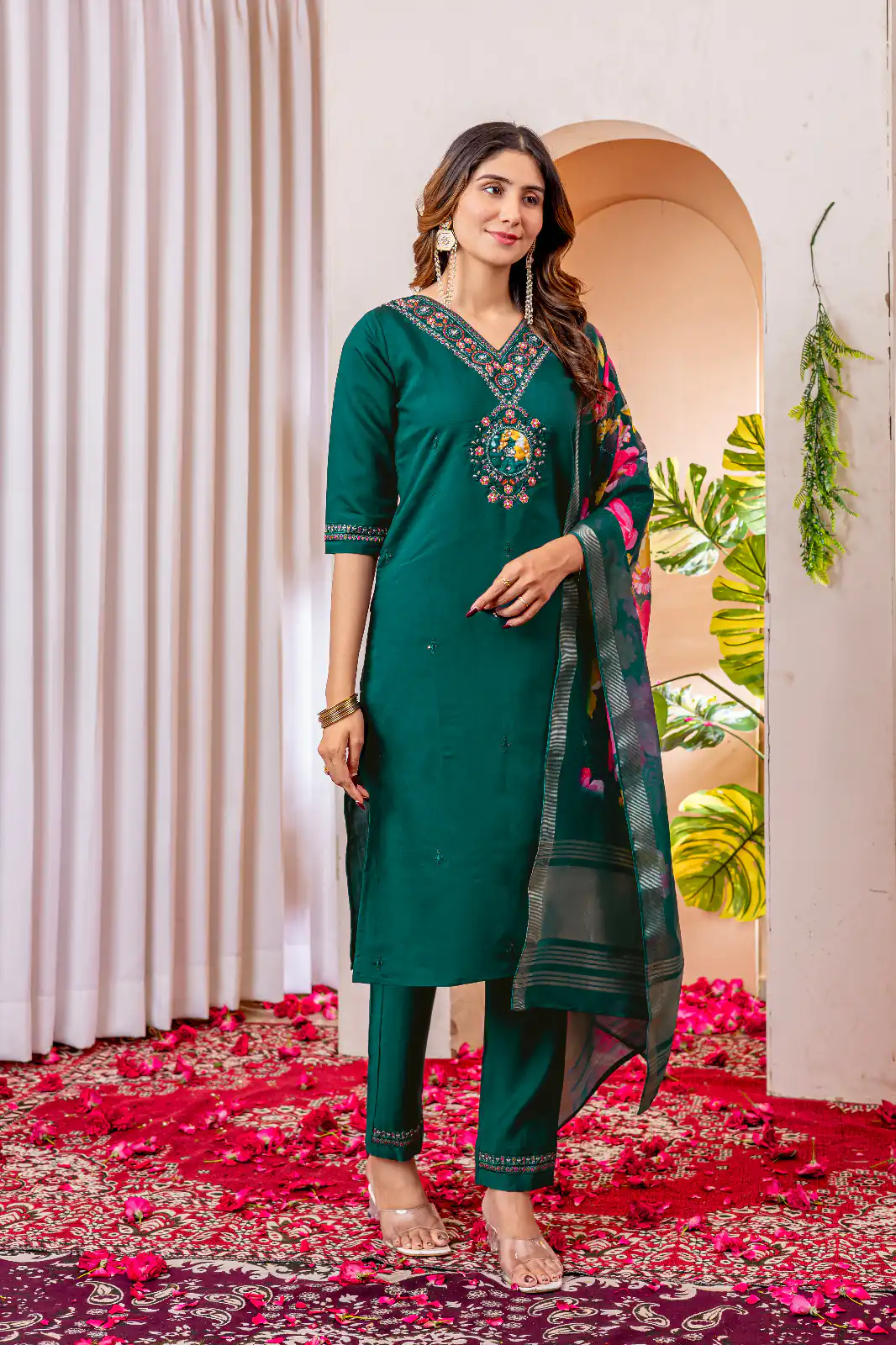 Teal Green Marina Silk Embroider Work Salwar Suit - Image 3