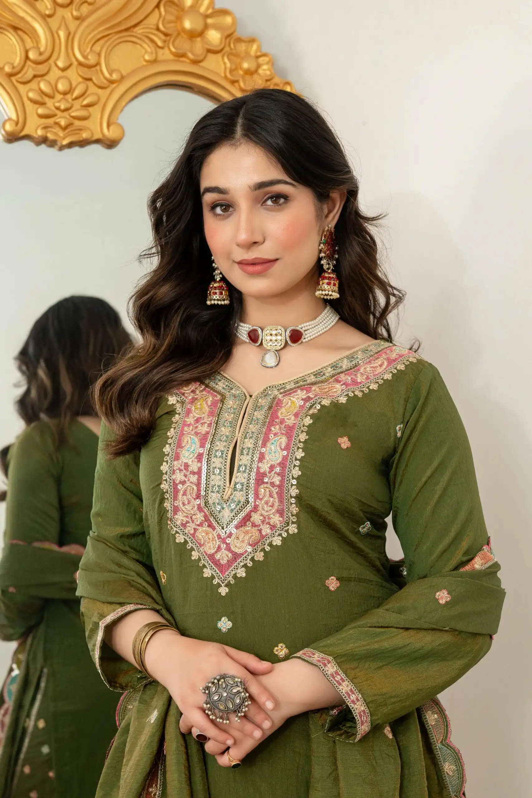 Mehendi Vichitra Silk Embroider Work Salwar Suit - Image 3