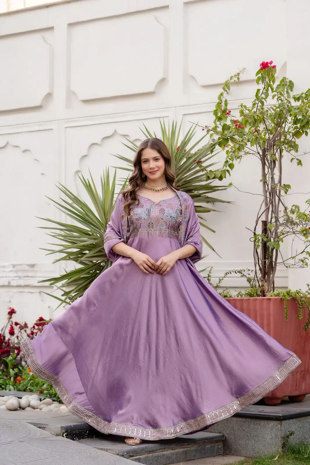 Lavender Vichitra Silk Embroider Work Gown - Image 10
