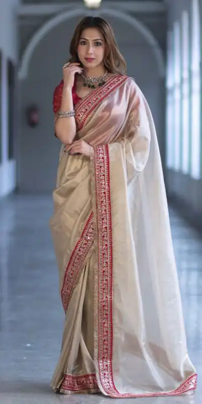 Cream Soft Twil Net Embroidery Work Saree