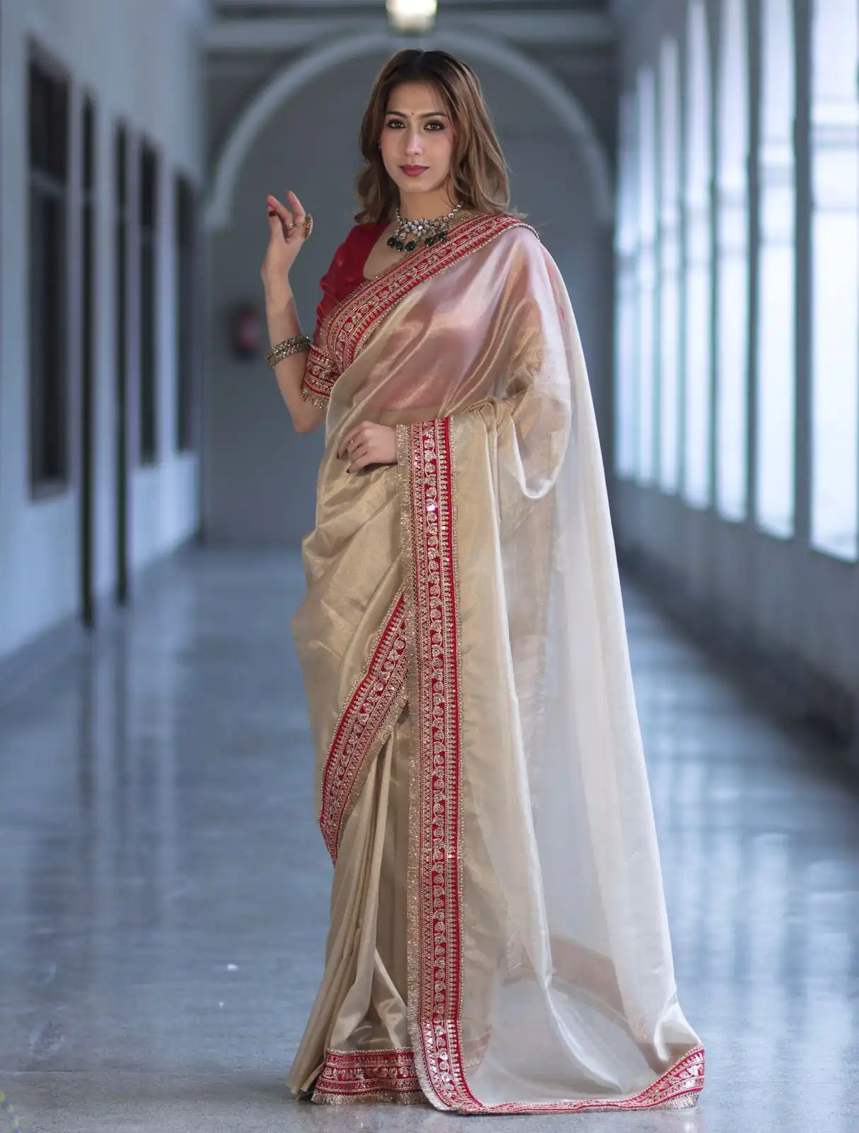 Cream Soft Twil Net Embroidery Work Saree - Image 5