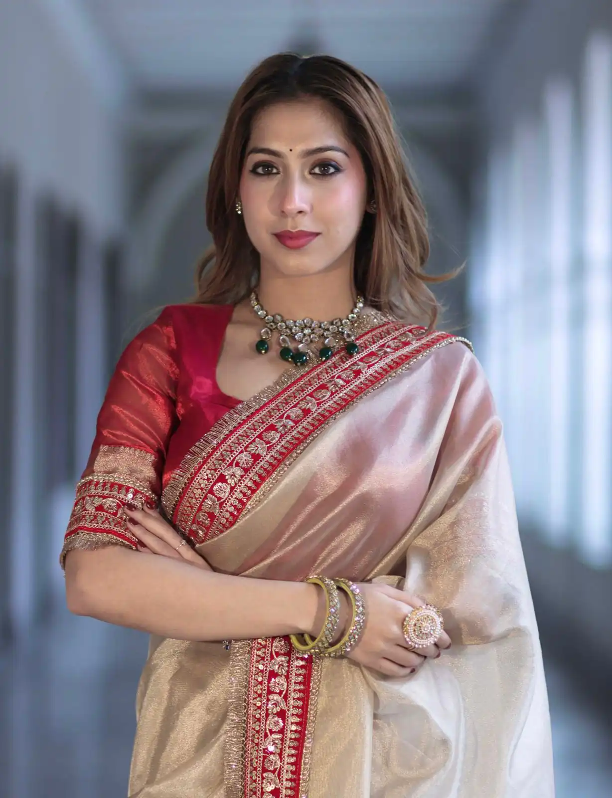 Cream Soft Twil Net Embroidery Work Saree - Image 7