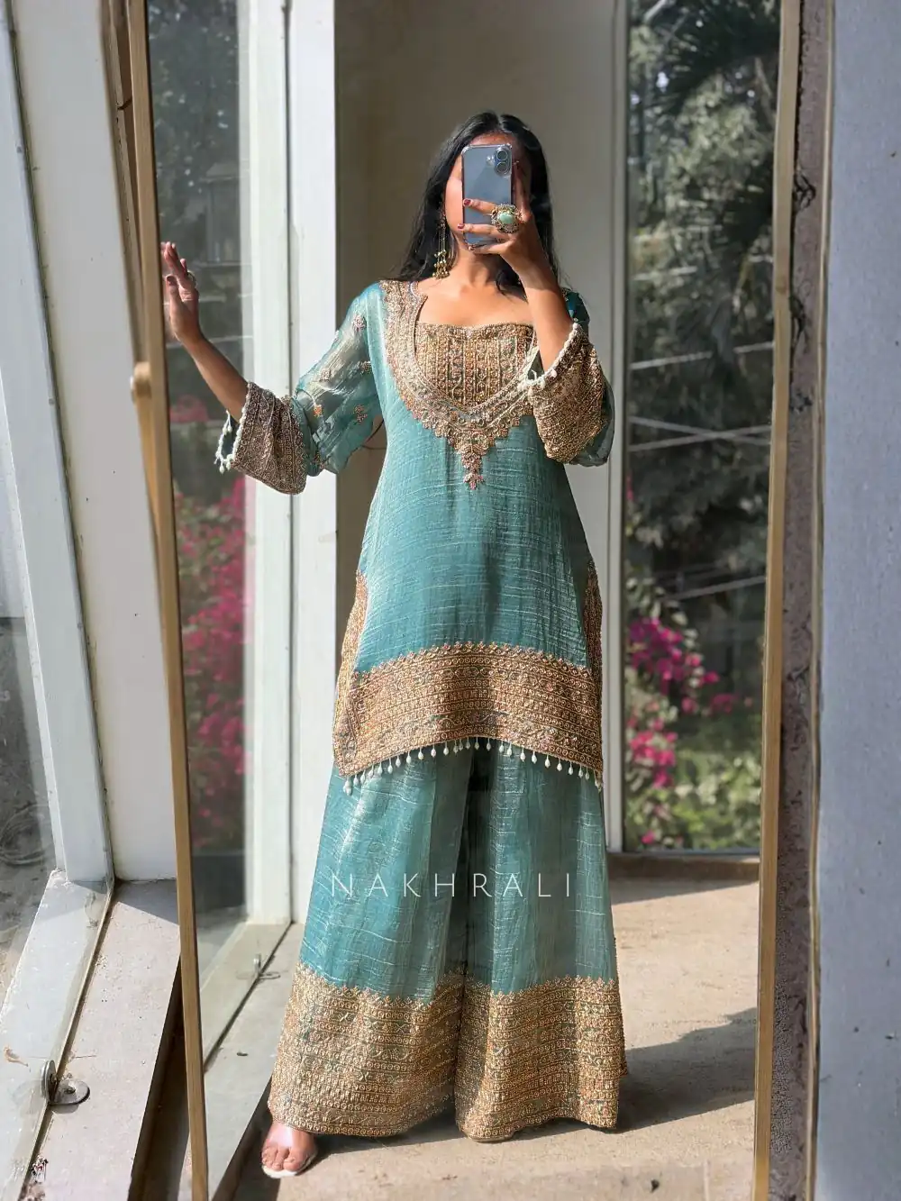 Firozi Fendy Silk Border Lace Work Salwar Suit - Image 2