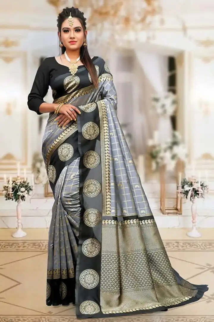 Grey Lichi Silk On All Over Border Saree - Image 8