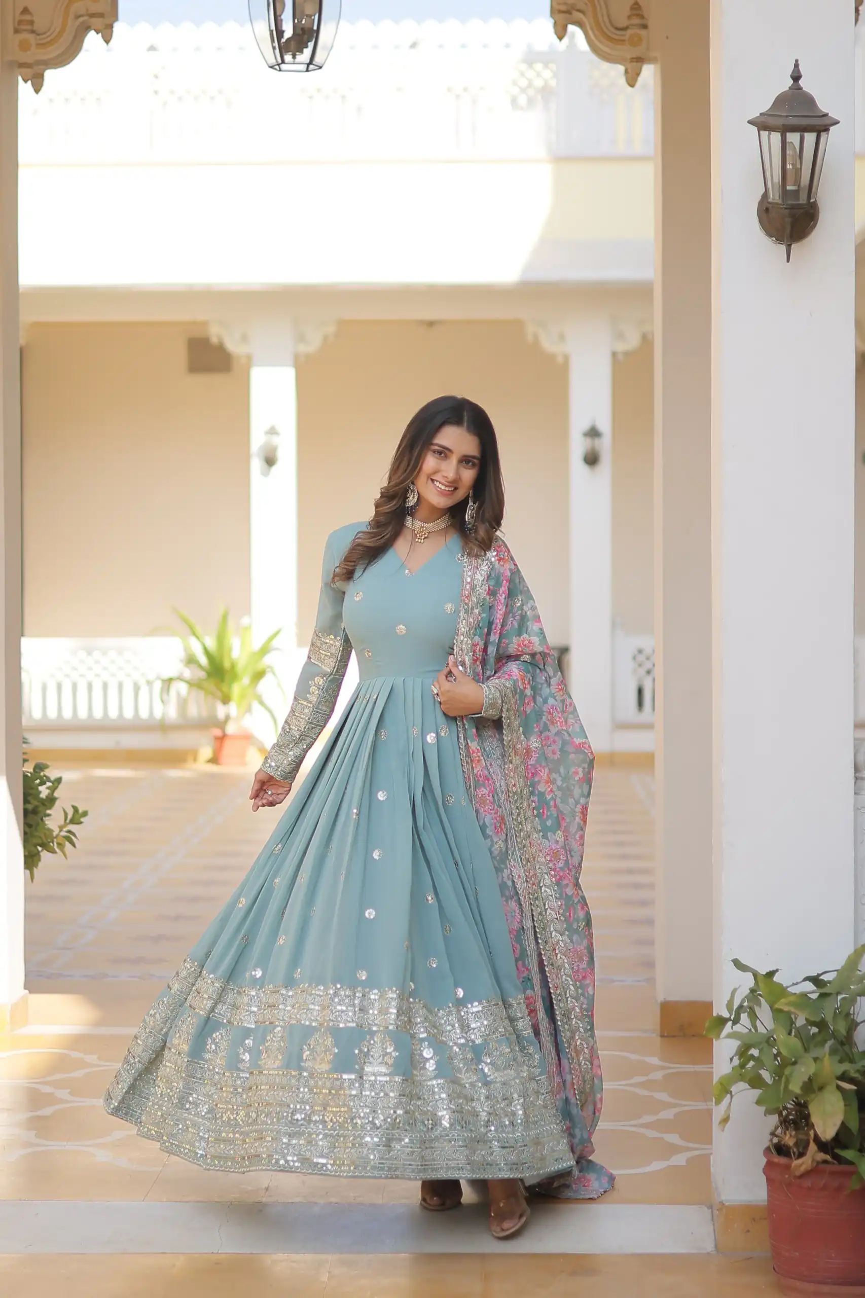 Sky Blue Faux Georgette With Embroidery Work Gown