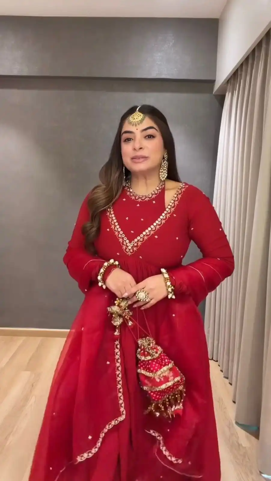 Red Chinon Silk Thread Lace Work Salwar Suit