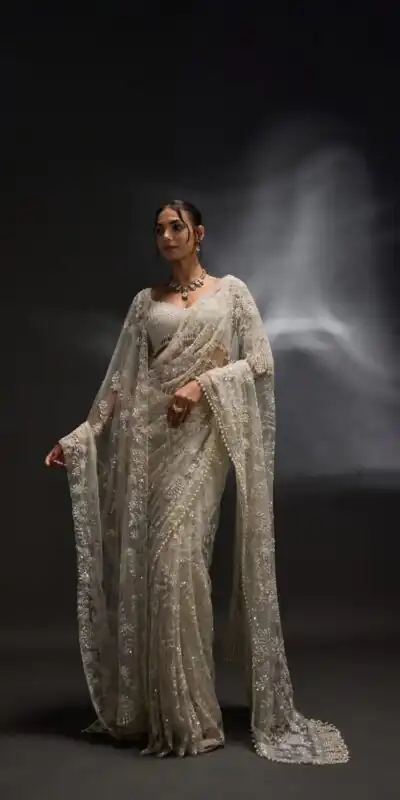 Silver Mono Net Embroidery Sequins Work Saree