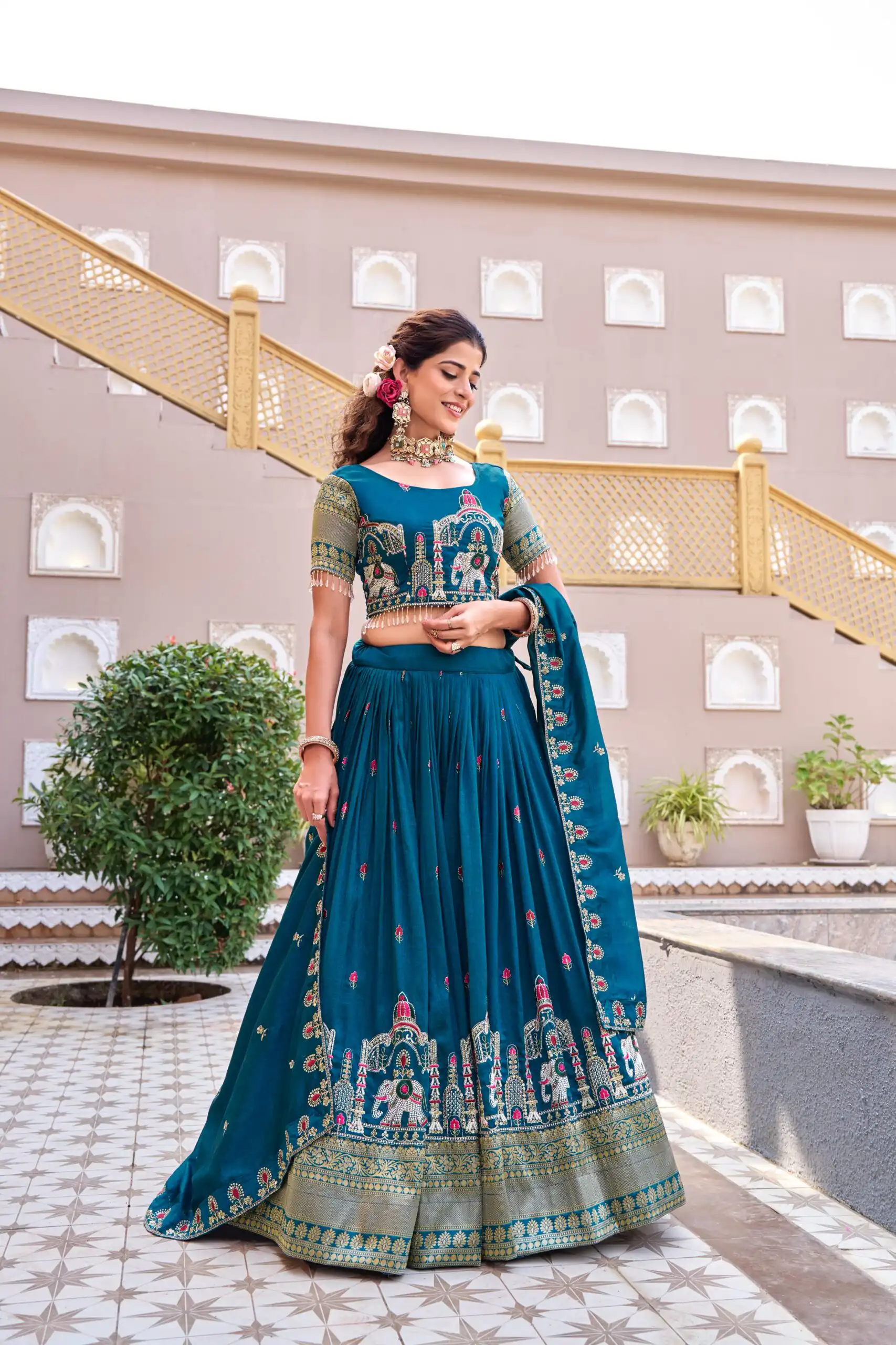 Special Teal Vichitra Silk Thread Work Lehenga Choli - Image 2