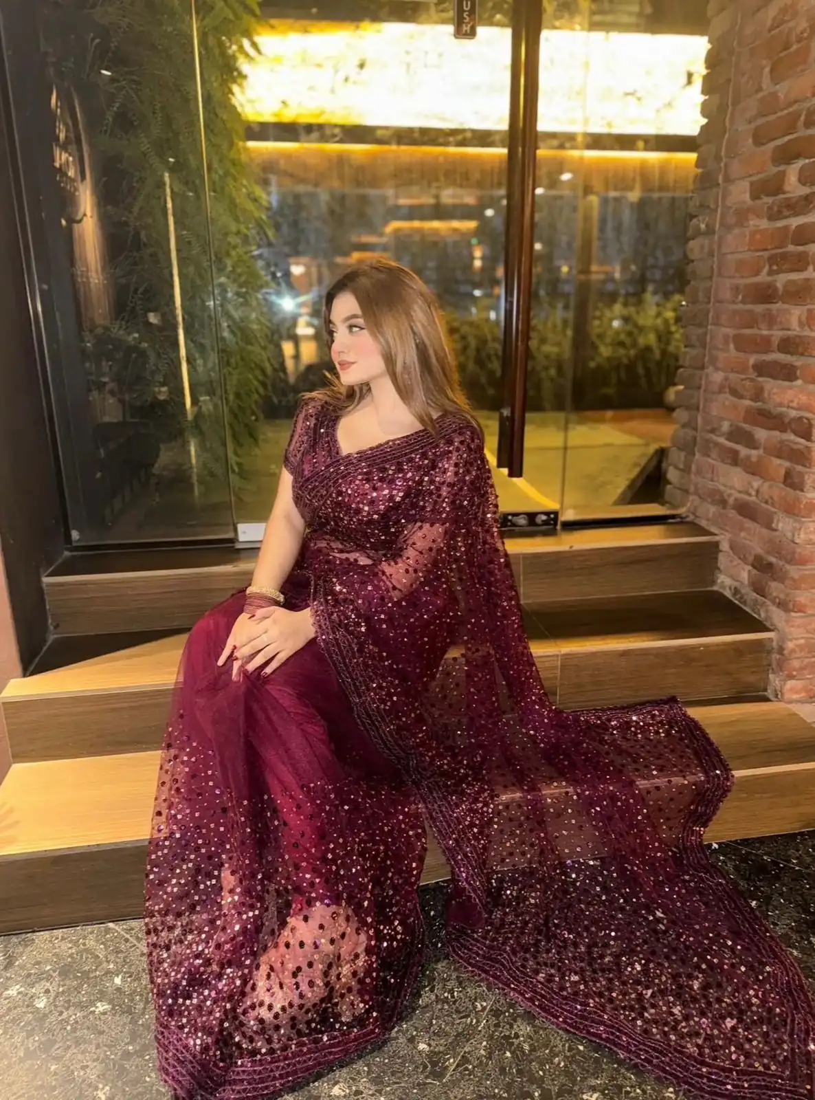 Majestic Wine Net Sequins Work Saree