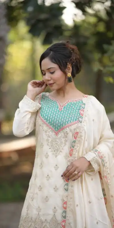 WW G 6000 Off White Viscous Chinon Salwar Suit with Lace Work & Embroidery Work. Exclusive Offer ₹2499. Delivery 4-6 Working Days. Shop now. | Jump Suits, Salwar suit, Designer Suits, Casual Suits, Creative suits, Palazzo Suits, Party Wear Suits, Patiala Suits, Straight Suits