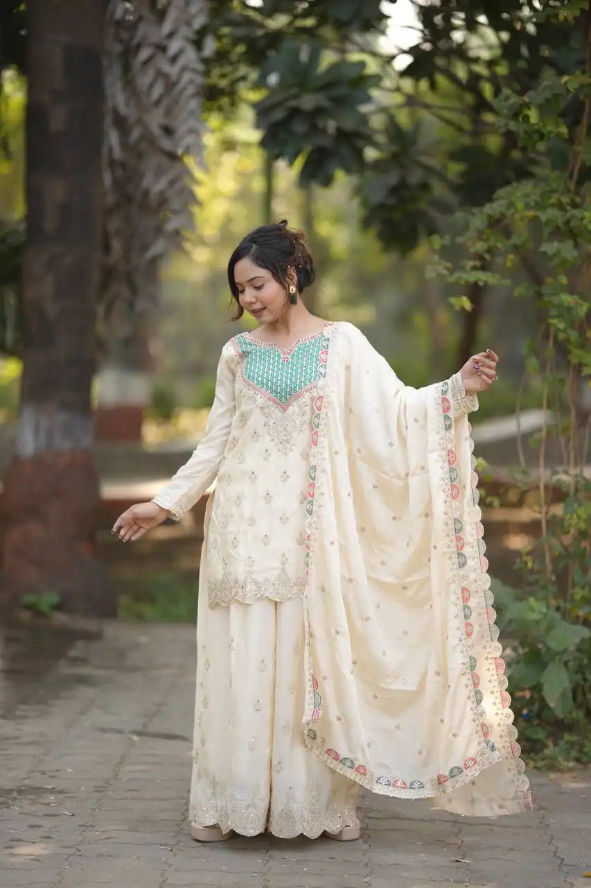 WW G 6000 Off White Viscous Chinon Salwar Suit with Lace Work & Embroidery Work. Exclusive Offer ₹2499. Delivery 4-6 Working Days. Shop now. | Jump Suits, Salwar suit, Designer Suits, Casual Suits, Creative suits, Palazzo Suits, Party Wear Suits, Patiala Suits, Straight Suits