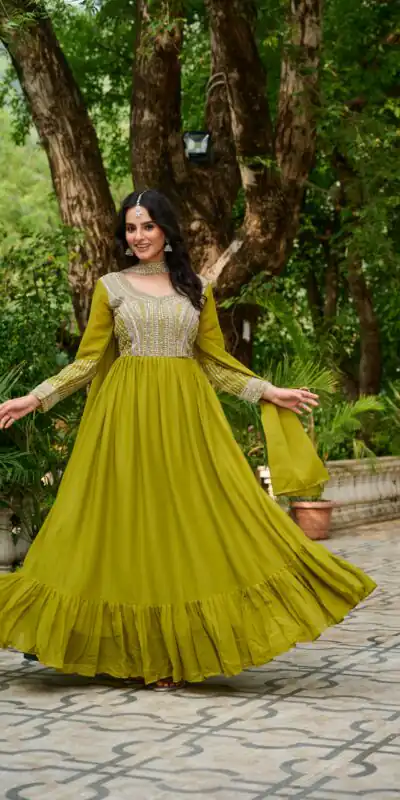 KA 1151 Green Faux Georgette Gown Perfect for Wedding, Party, Makar Sankranti, Karwa Chauth, Ethnic Day – . Now at just ₹2399. Delivery 4-6 Working D | Gowns, Bollywood Gowns, Creative Gowns, Designer Gowns, Embroidered Gowns, Party Wear Gowns