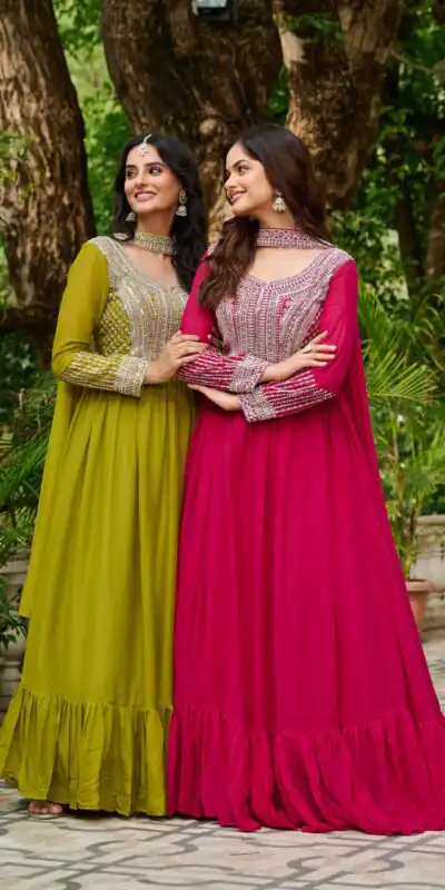 KA 1151 Green Faux Georgette Gown Perfect for Wedding, Party, Makar Sankranti, Karwa Chauth, Ethnic Day – . Now at just ₹2399. Delivery 4-6 Working D | Gowns, Bollywood Gowns, Creative Gowns, Designer Gowns, Embroidered Gowns, Party Wear Gowns